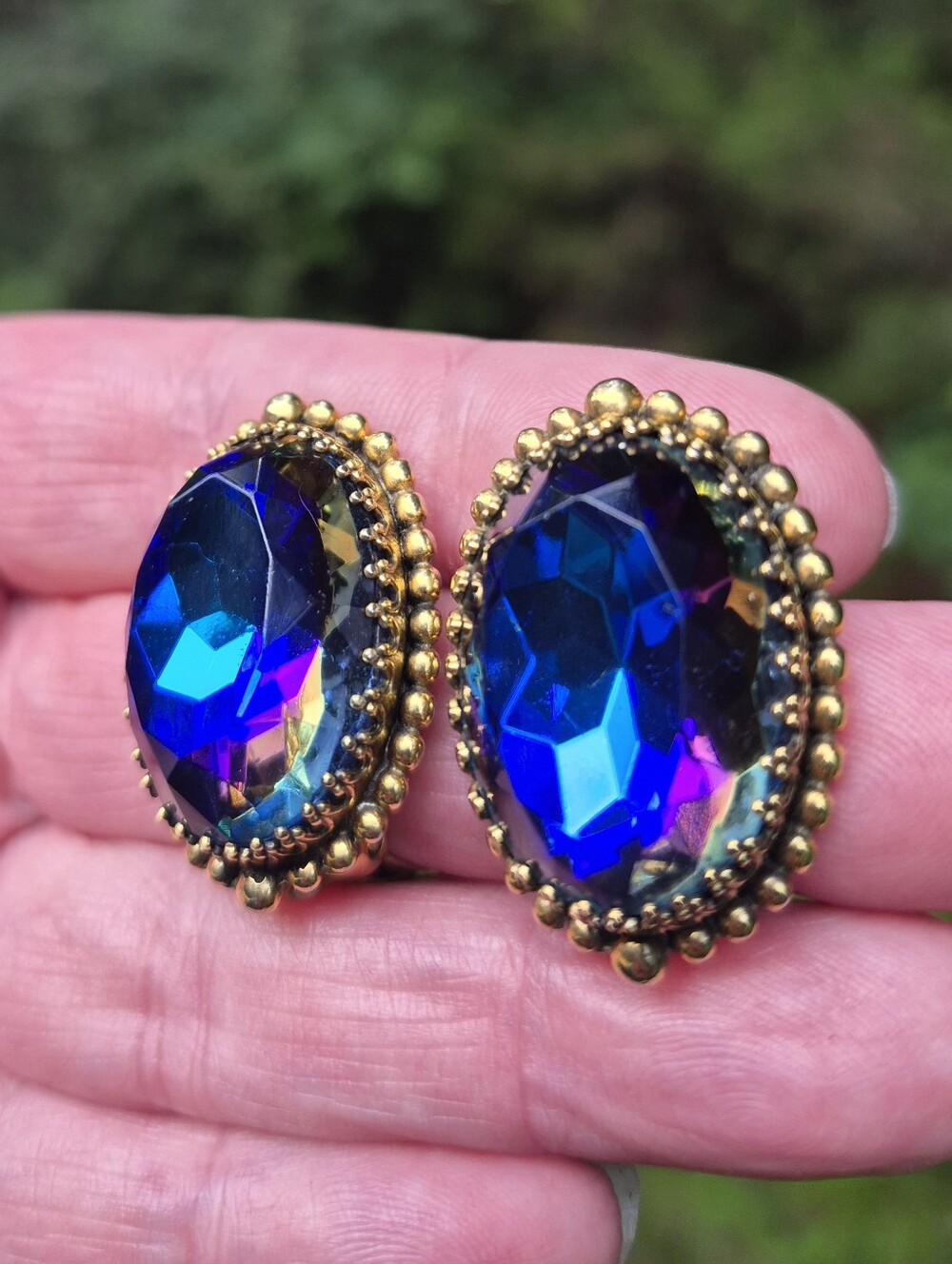 Schiaparelli Vintage Blue Heliotrope Clip-On Statement Earrings Mid-century 50s